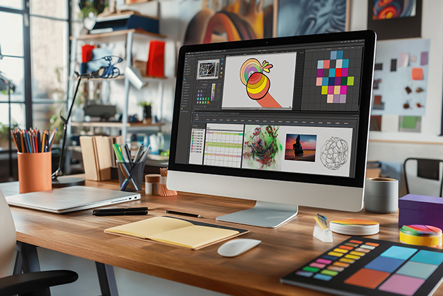 Creative Workspace With Desktop Computer And Graphic Design Software